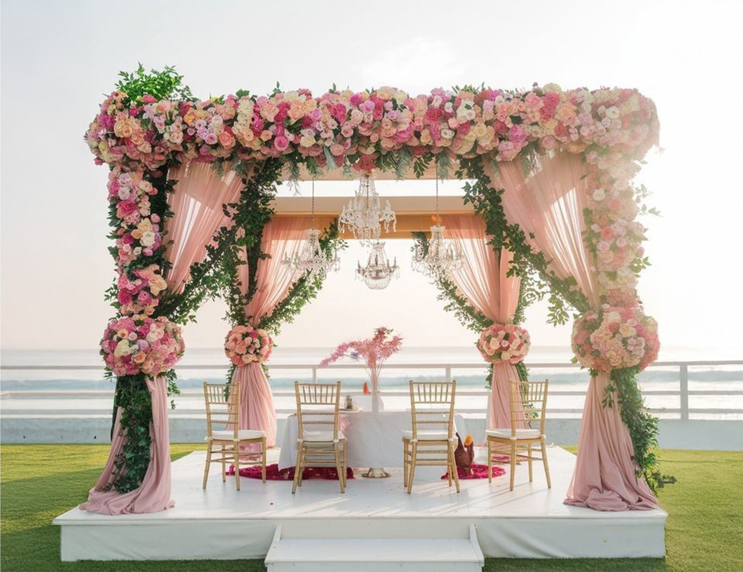 Beautiful beachside bridal shower decorated with colorful flowers, creating a dreamy celebration ambiance.
